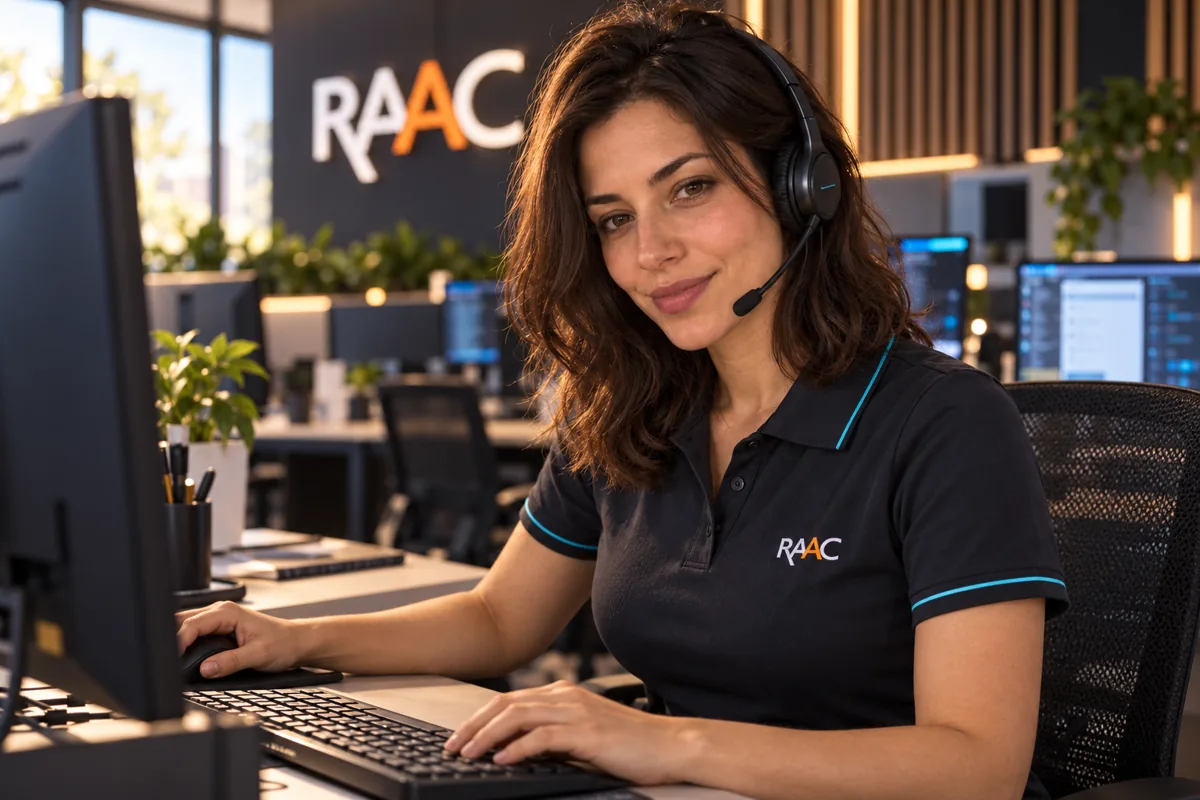 Sexta-Feira de headset atendendo diante do computador